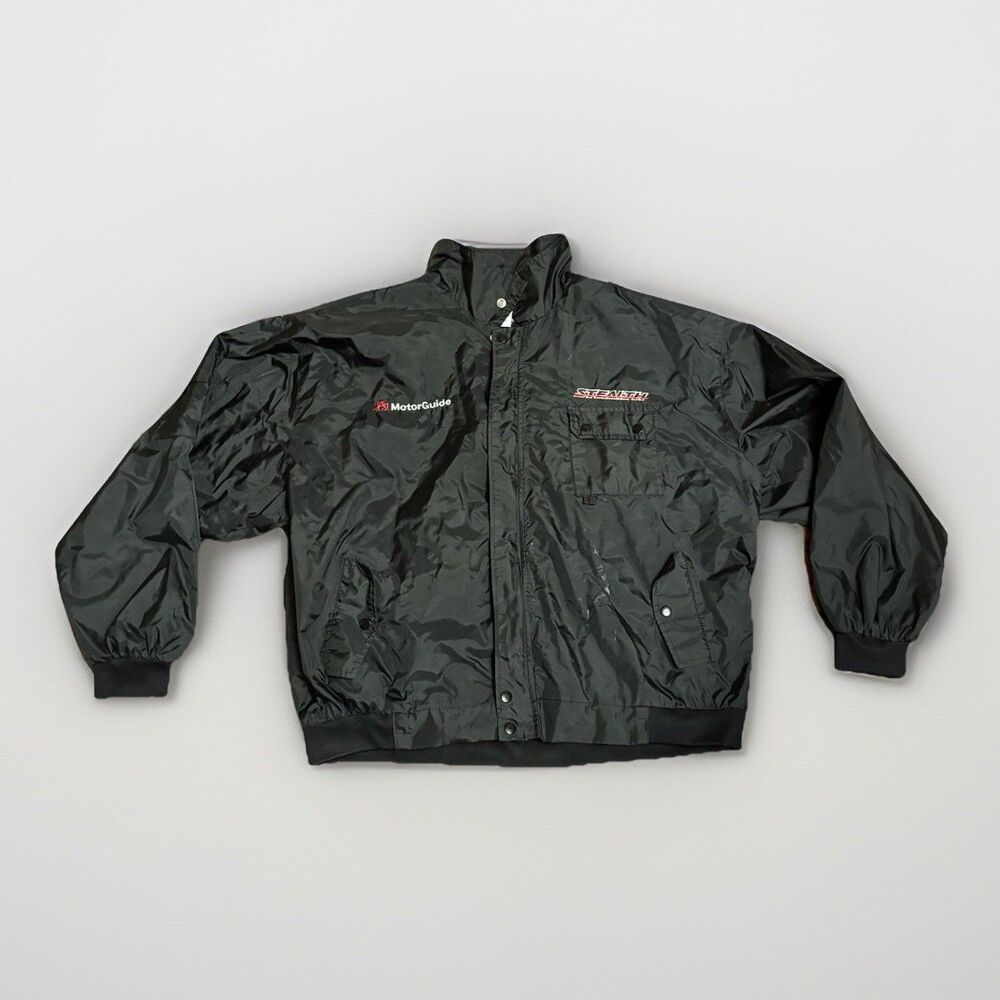 Vintage Rain Gear Windbreaker MotorGuide Zebco Stealth Nylon Jacket Black XXL